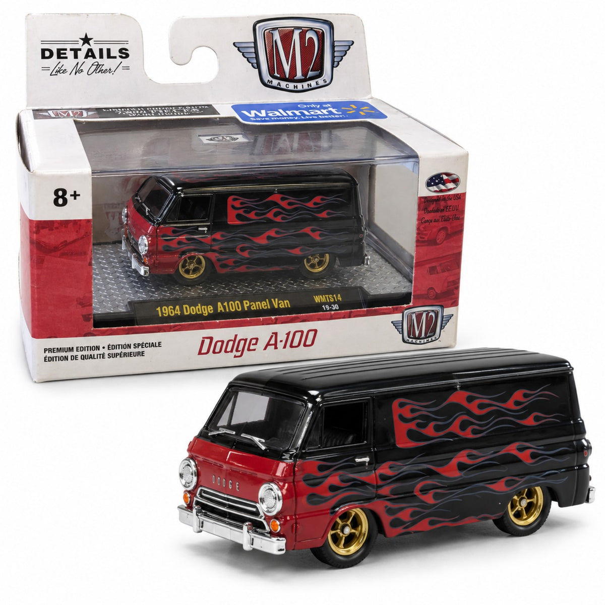 Dodge A100 Panel Van 1964 flammes rouges 1:64 – M2 Machines