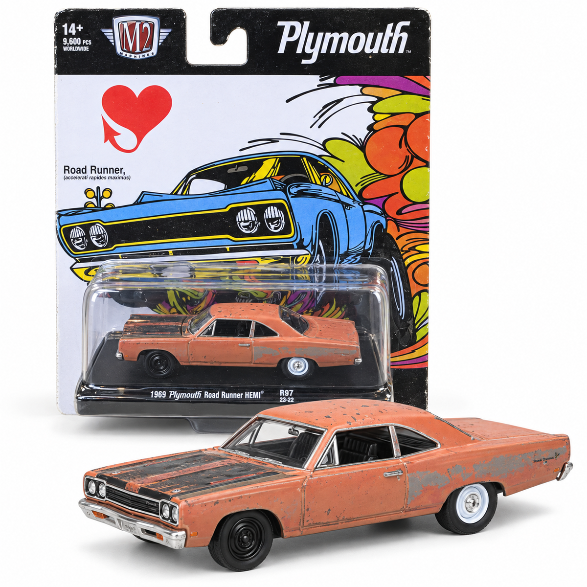Plymouth Road Runner HEMI 1969 patinée orange 1:64 – M2 Machines