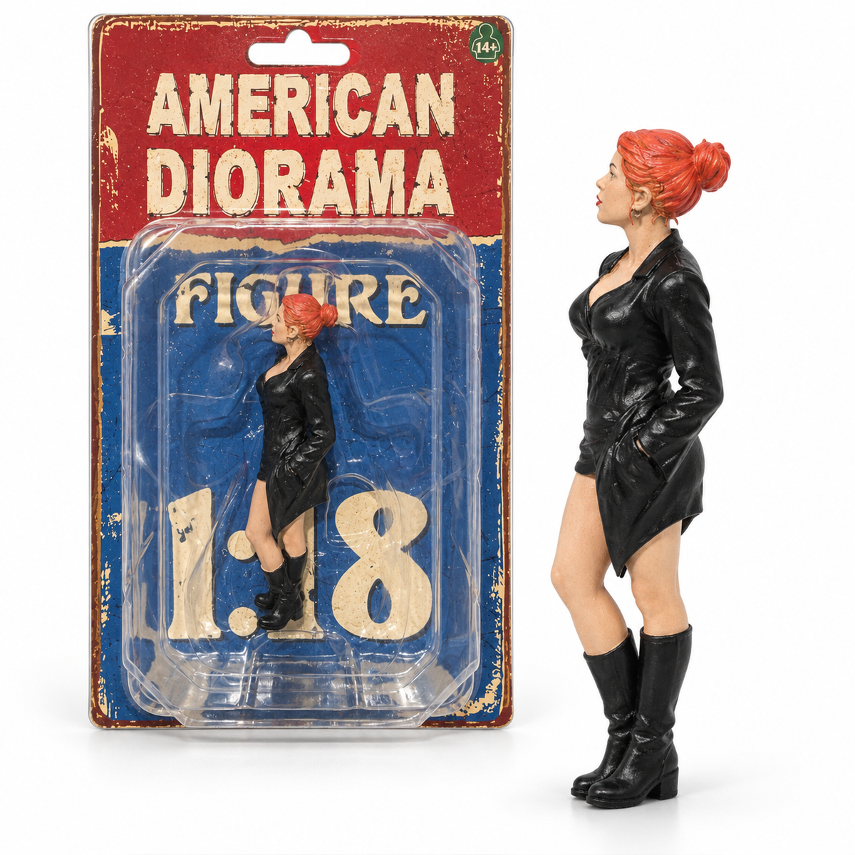 Figurine femme rousse en manteau noir American Diorama 1:18