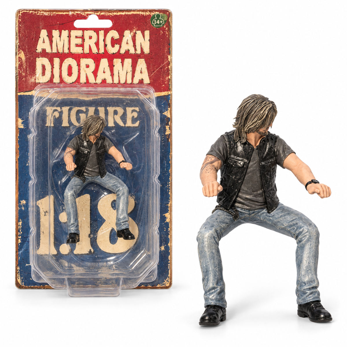 Figurine homme assis biker American Diorama 1:18