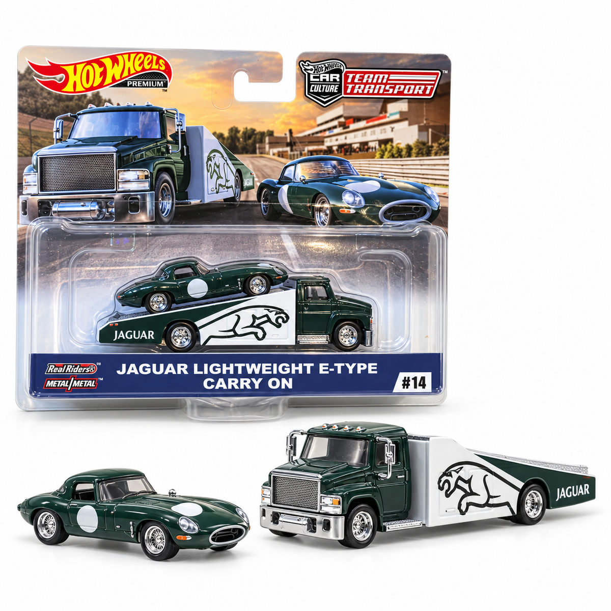 Jaguar Lightweight E-Type avec Carry On 1:64 – Hot Wheels Team Transport