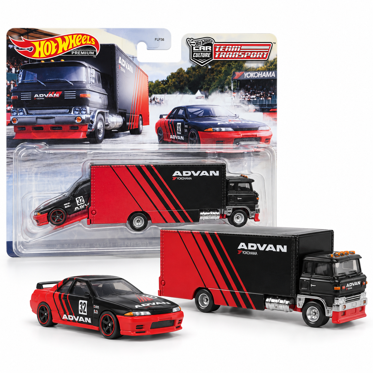 Nissan Skyline GT-R BNR32 Advan #32 avec Sakura Sprinter 1:64 – Hot Wheels Team Transport