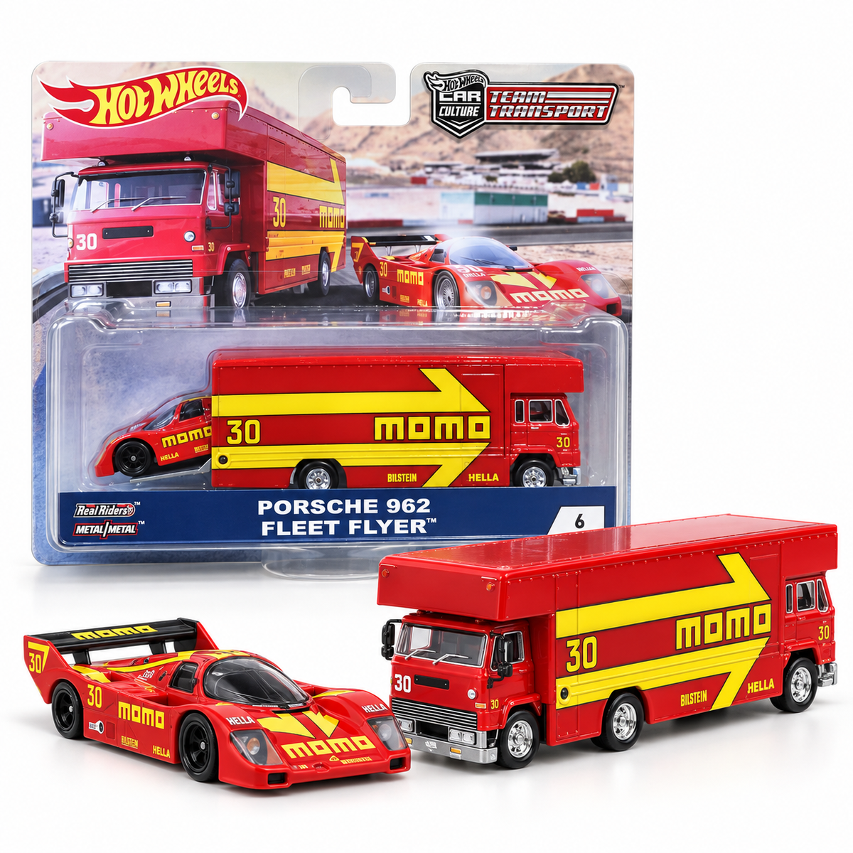 Porsche 962 Momo #30 avec Fleet Flyer 1:64 – Hot Wheels Team Transport