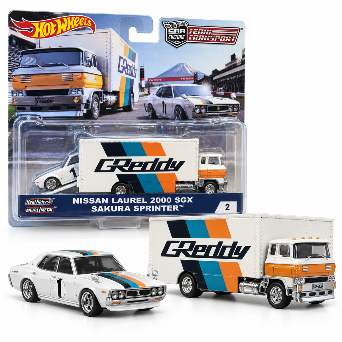 Nissan Laurel 2000 SGX avec Sakura Sprinter GReddy 1:64 – Hot Wheels Team Transport