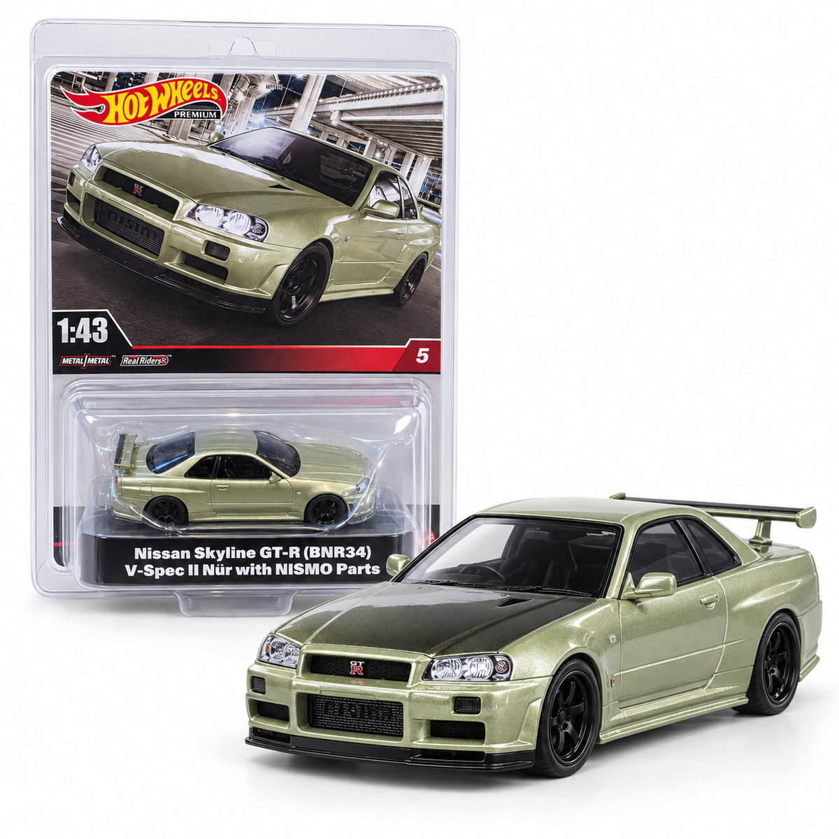 Nissan Skyline GT-R BNR34 V-Spec II Nür avec pièces NISMO 1:43 – Hot Wheels Premium
