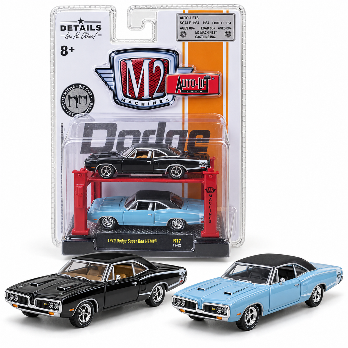 Ensemble Dodge Super Bee HEMI 1970 2 véhicules 1:64 – M2 Machines Auto-Lift