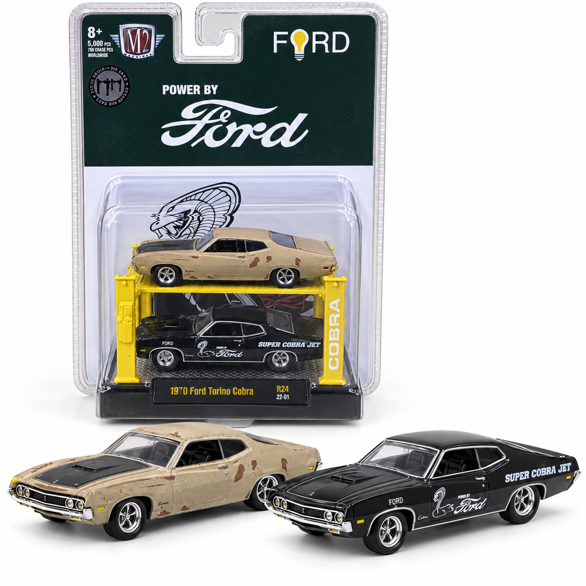 Ensemble Ford Torino Cobra 1970 2 véhicules 1:64 – M2 Machines Auto-Lifts Chase