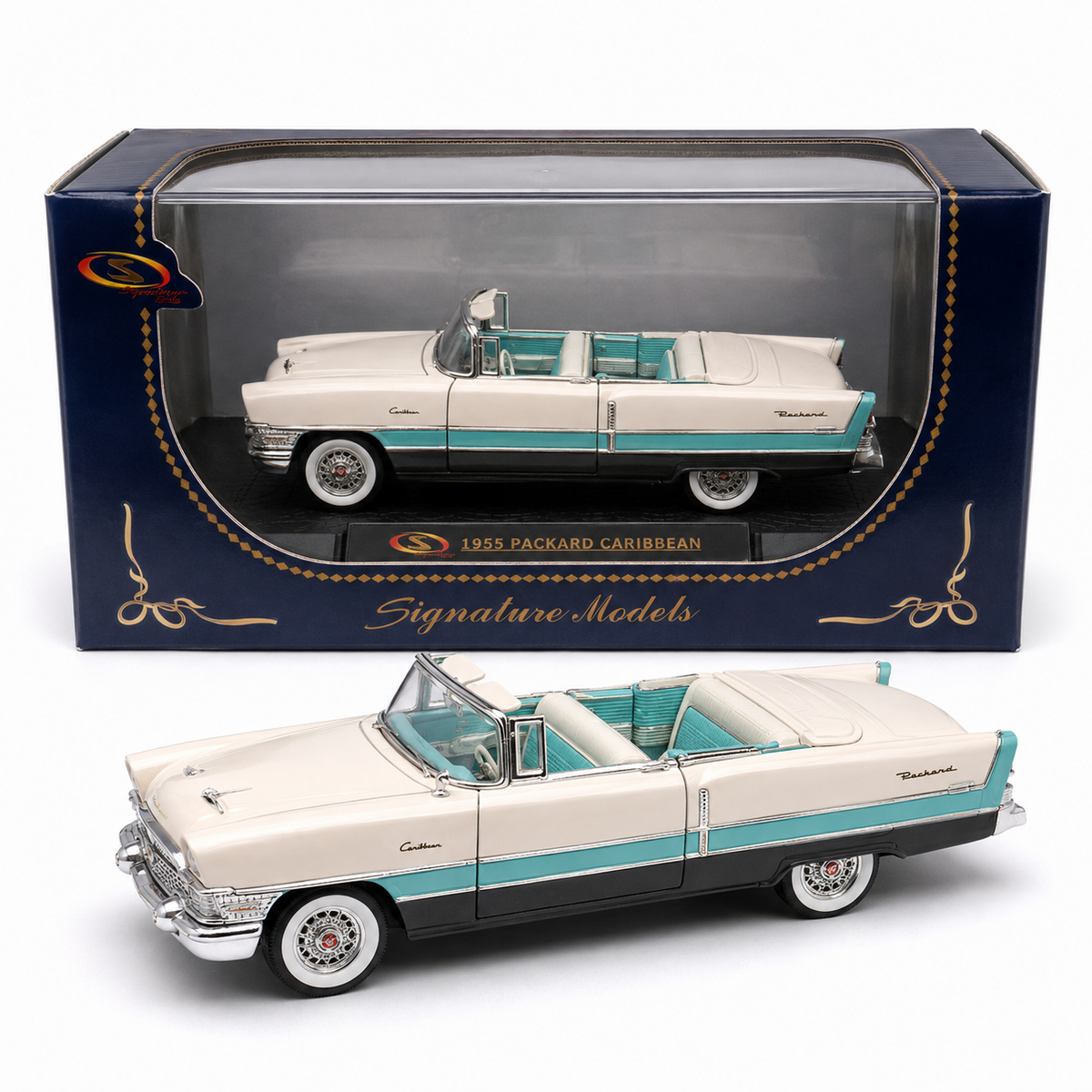 Signature Models Packard Caribbean Cabriolet 1955 blanc et turquoise 1:32
