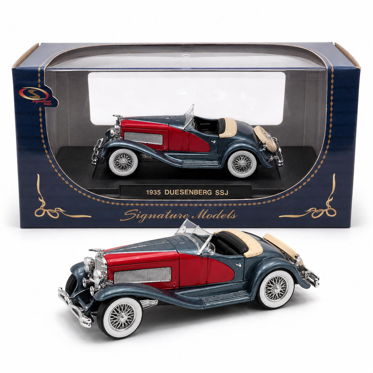 Signature Models Duesenberg SSJ Cabriolet 1935 bleu et rouge 1:32