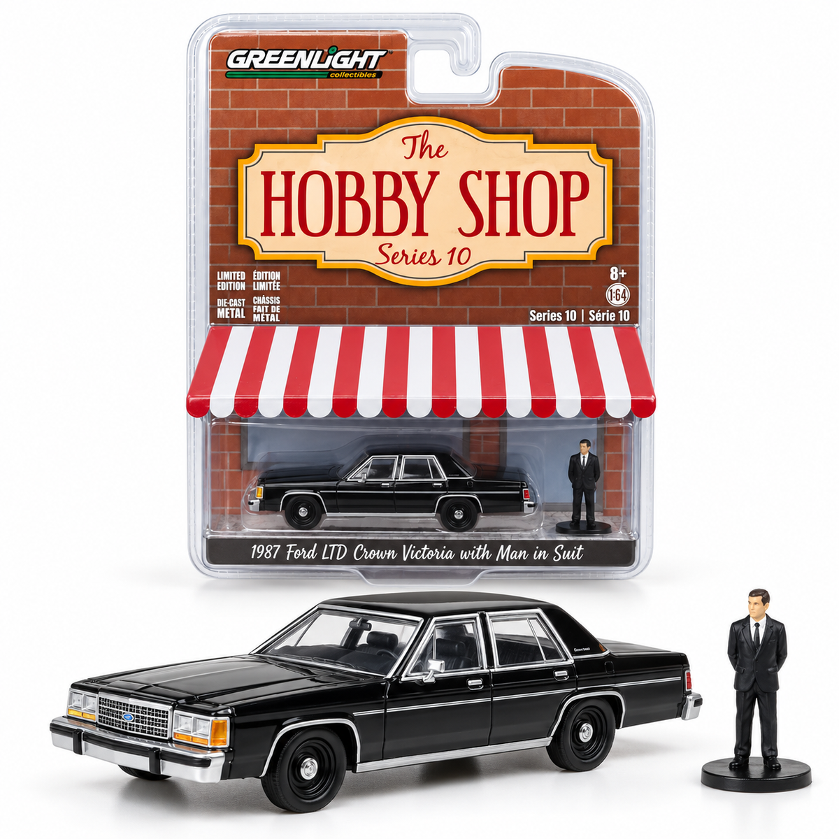 GreenLight The Hobby Shop Série 10 – Ford LTD Crown Victoria 1987 avec homme en costume 1:64