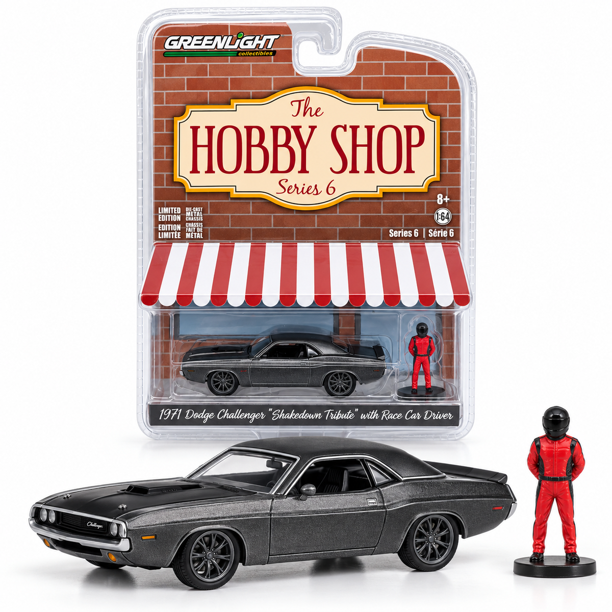 GreenLight The Hobby Shop Série 6 – Dodge Challenger Shakedown Tribute 1971 avec pilote 1:64