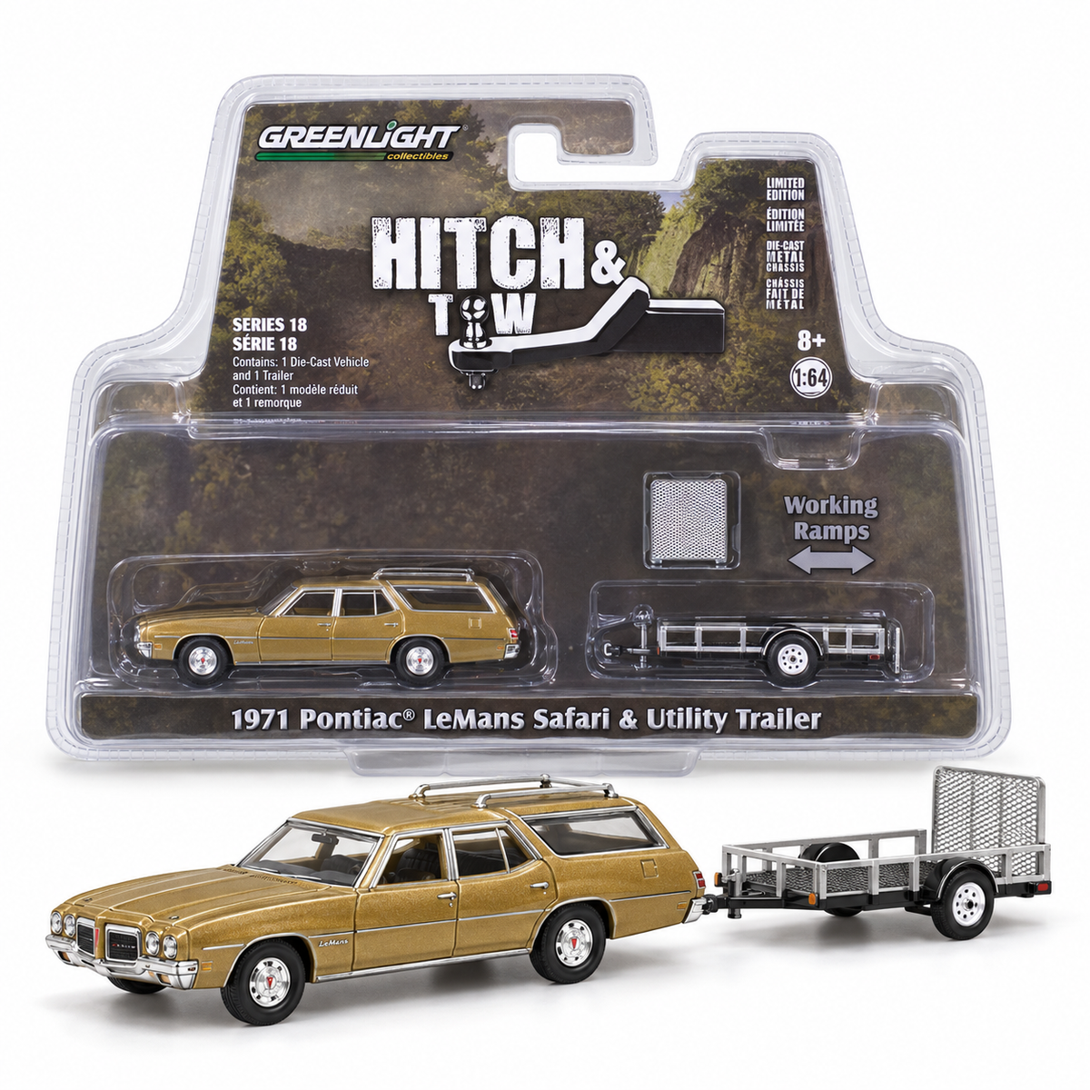 GreenLight Hitch &amp; Tow Série 18 – Pontiac LeMans Safari 1971 avec remorque utilitaire 1:64