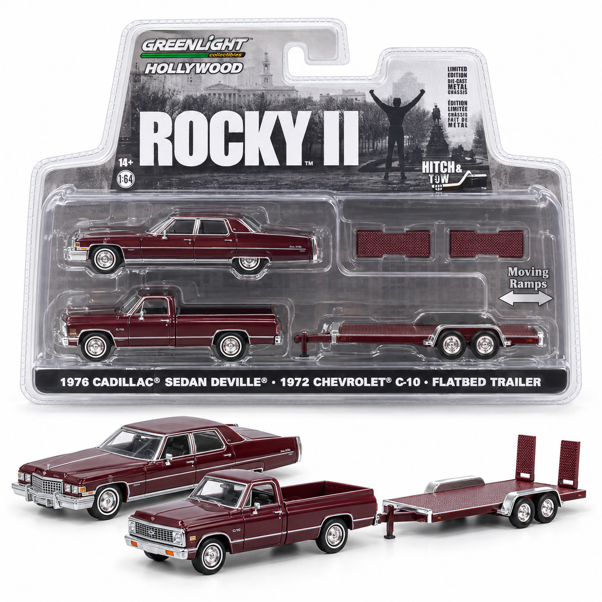 GreenLight Hollywood Hitch &amp; Tow Rocky II – Cadillac Sedan DeVille 1976, Chevrolet C-10 1972 et remorque plateau 1:64