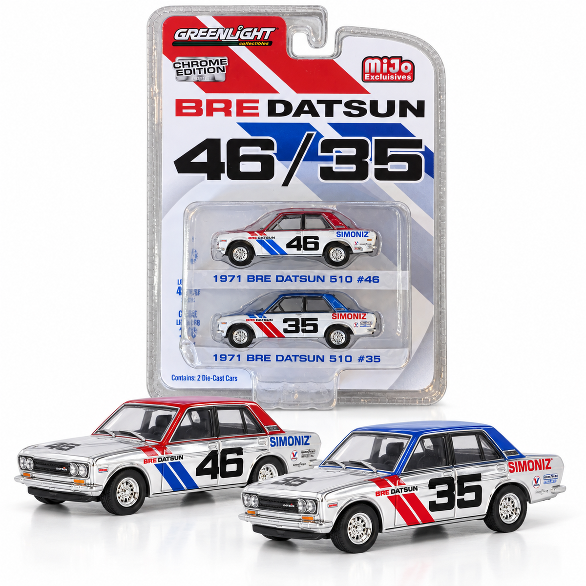 GreenLight MiJo Exclusives Chrome Edition – Paire de Datsun 510 BRE 1971 #46 et #35 1:64