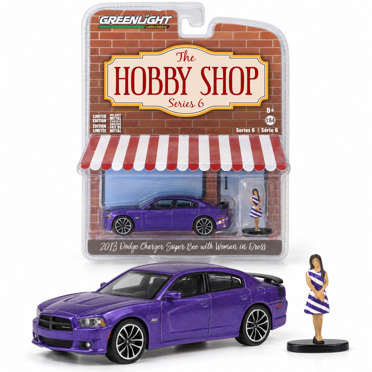 GreenLight The Hobby Shop Série 6 – Dodge Charger Super Bee 2013 avec figurine femme en robe 1:64