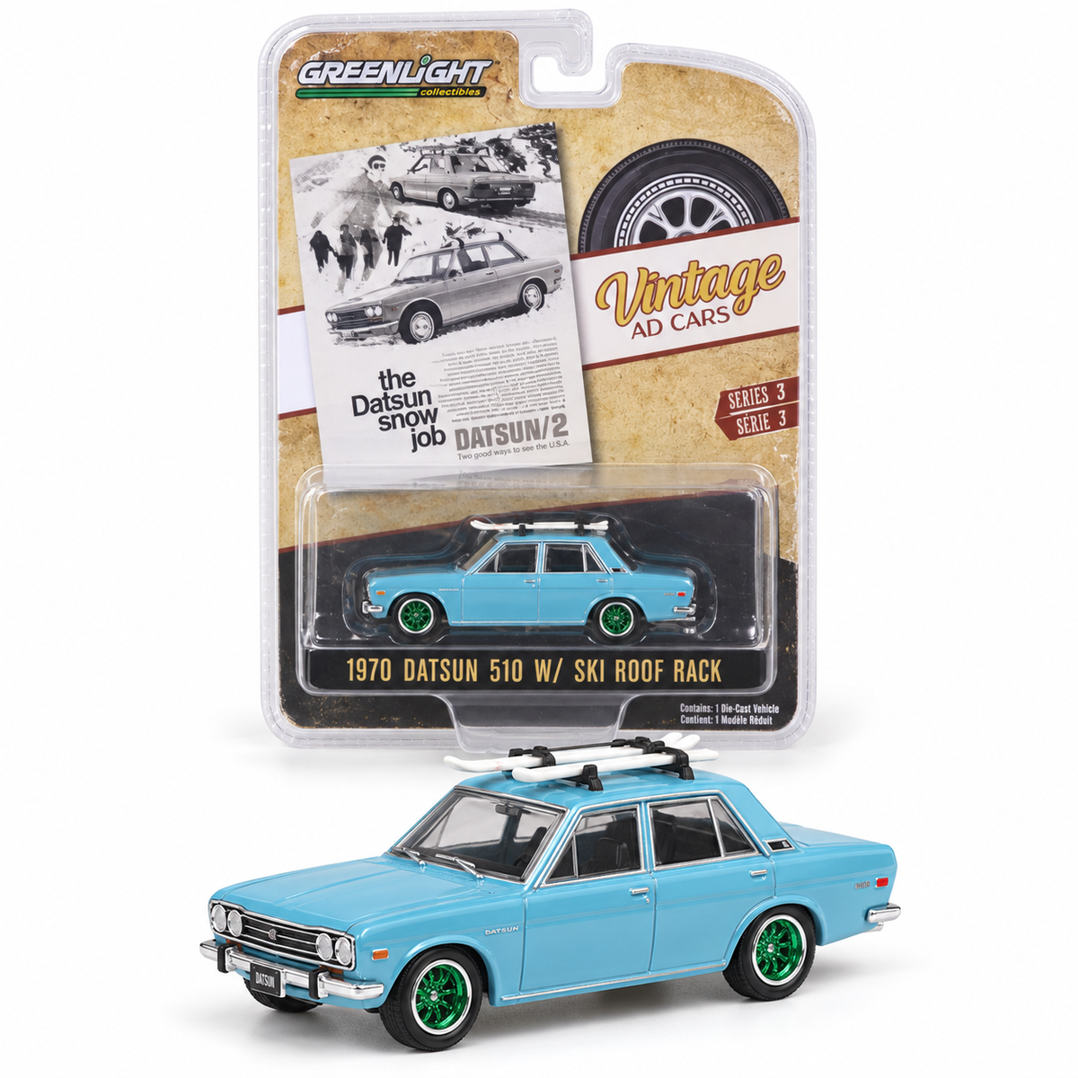 GreenLight Vintage Ad Cars Série 3 – Datsun 510 1970 avec porte-skis 1:64