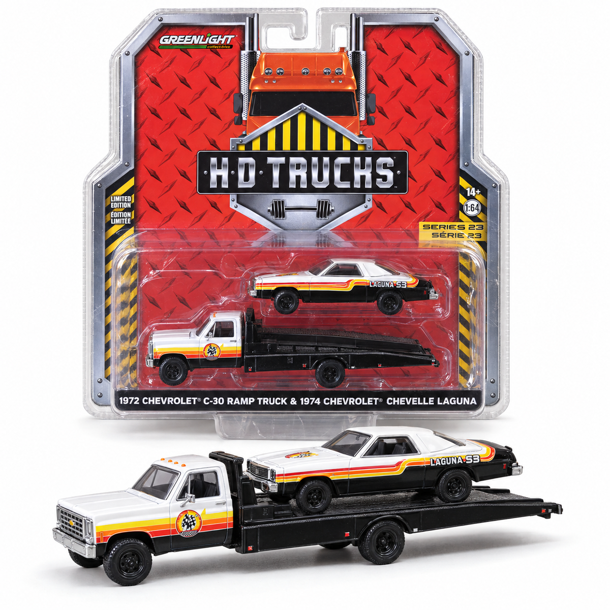GreenLight H.D. Trucks Série 23 – Chevrolet C-30 Ramp Truck 1972 et Chevrolet Chevelle Laguna 1974 1:64