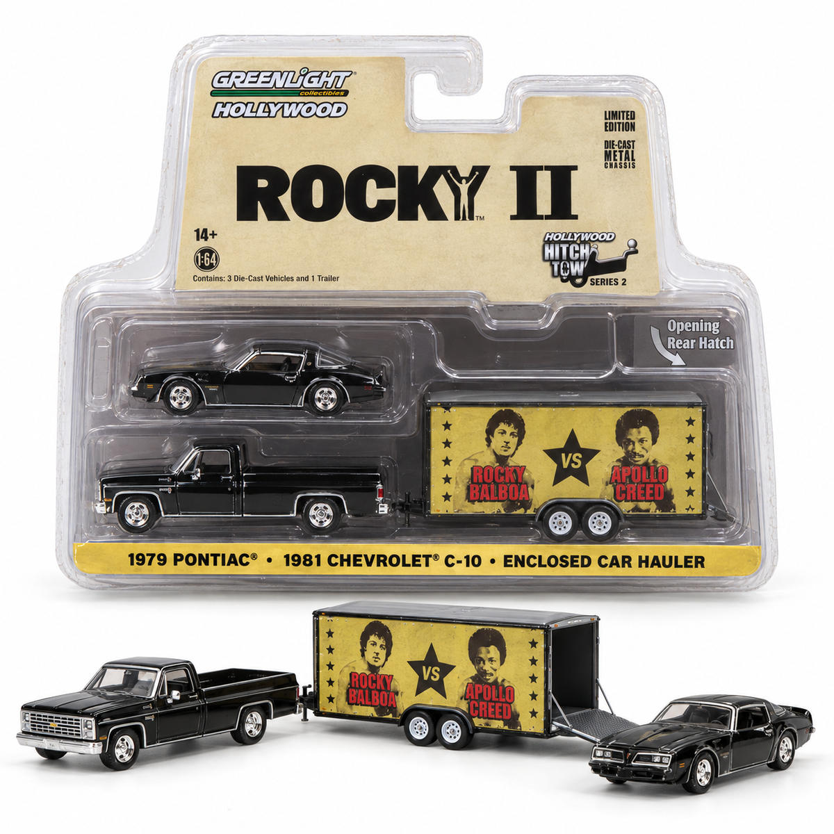 GreenLight Hollywood Hitch &amp; Tow Série 2 – Rocky II, 1979 Pontiac, 1981 Chevrolet C-10 et remorque fermée 1:64