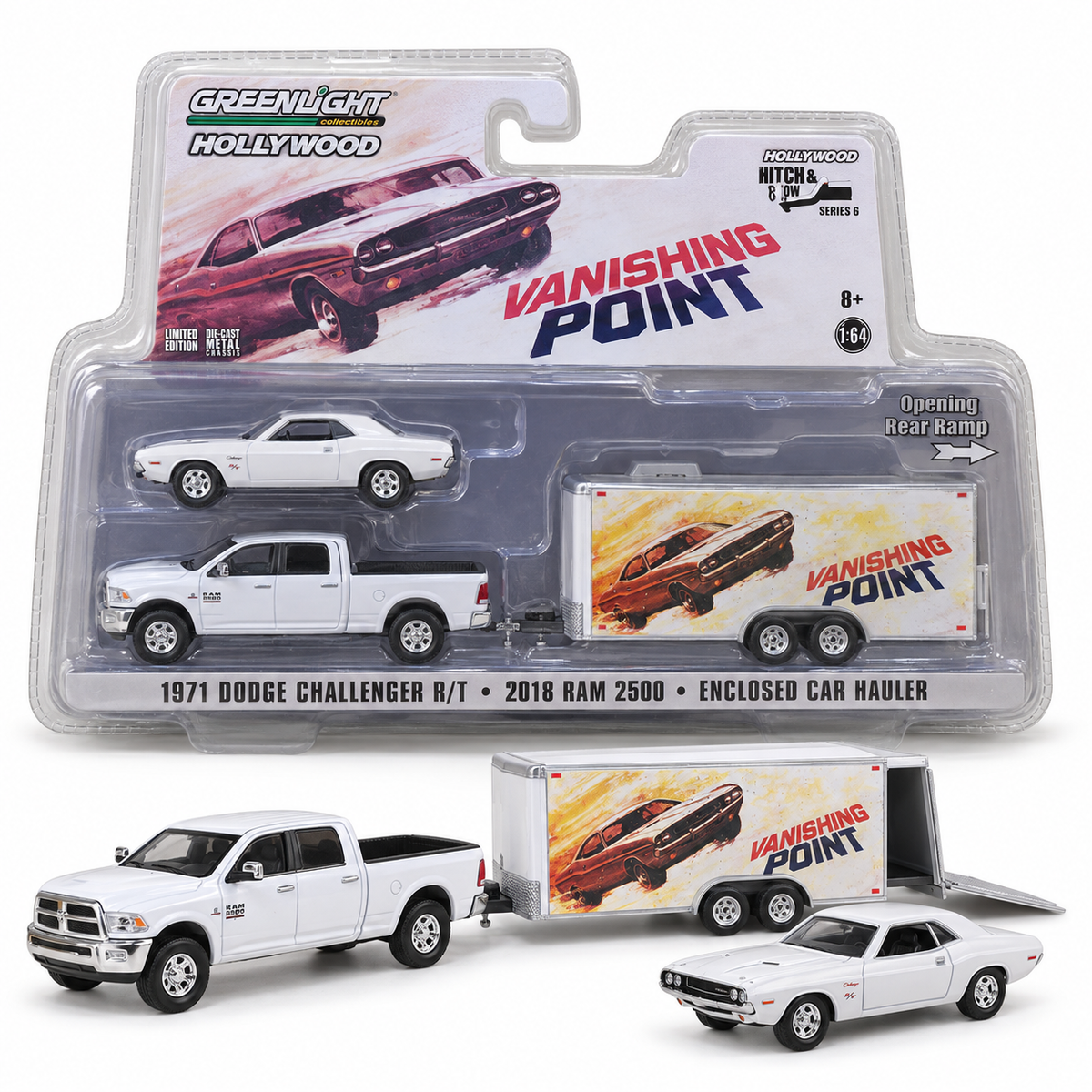 GreenLight Hollywood Hitch &amp; Tow Série 6 – Vanishing Point, 1971 Dodge Challenger R/T, 2018 RAM 2500 et remorque fermée 1:64
