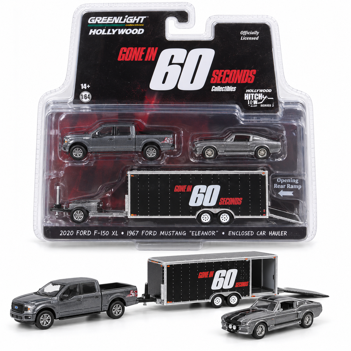 Ford F-150 XL 2020 avec Ford Mustang « Eleanor » 1967 et remorque fermée 1:64 – Gone in 60 Seconds