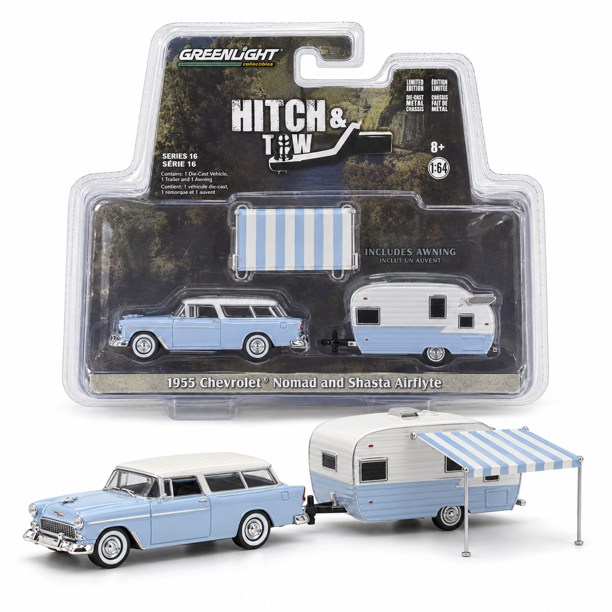 Chevrolet Nomad 1955 avec caravane Shasta Airflyte 1:64 – GreenLight Hitch &amp; Tow Series 16