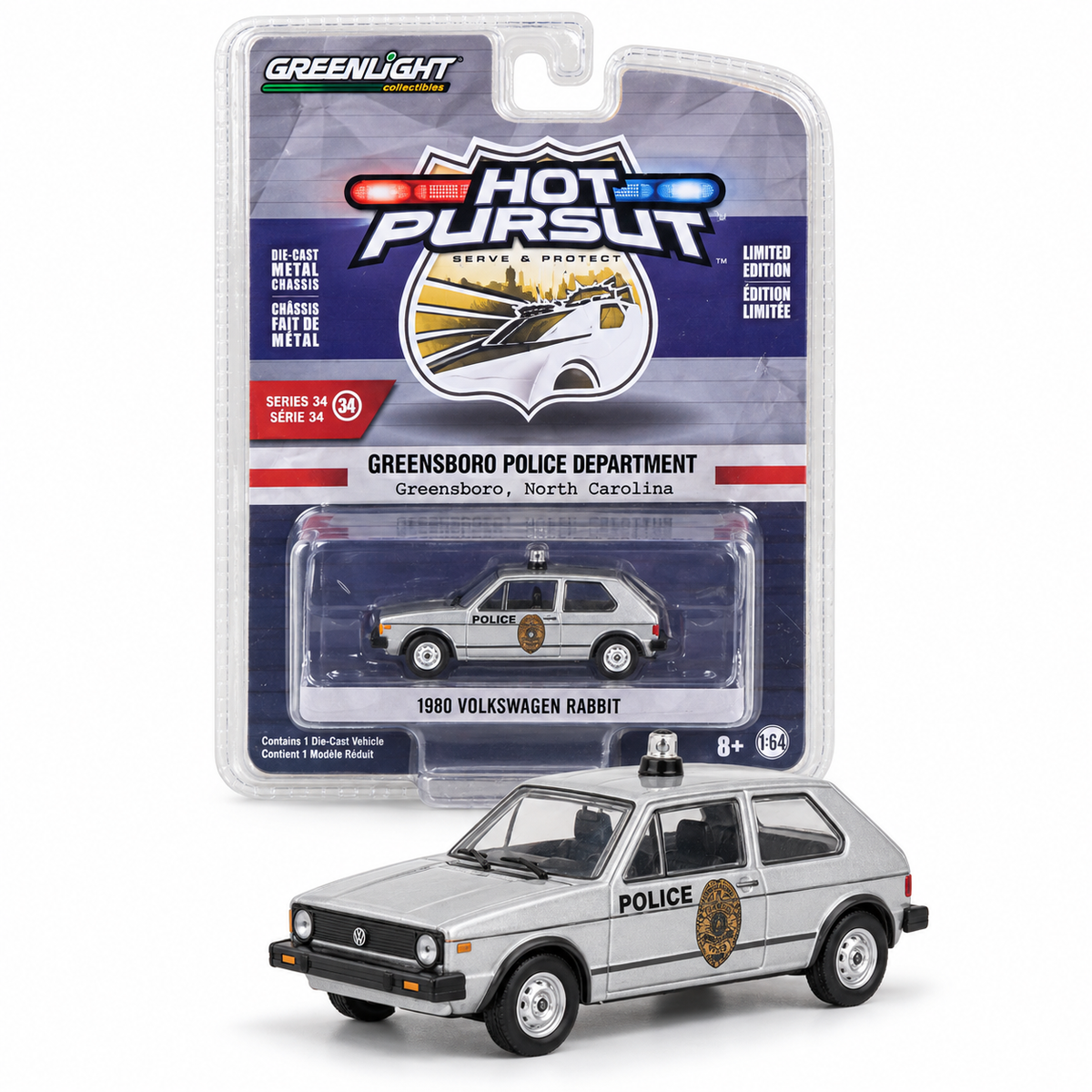 Volkswagen Rabbit 1980 Police de Greensboro 1:64 – GreenLight Hot Pursuit Series 34