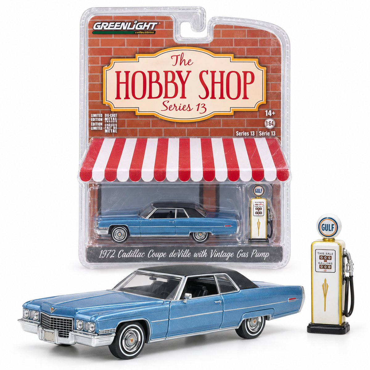 GreenLight The Hobby Shop Série 13 – Cadillac Coupe deVille 1972 avec pompe à essence Gulf 1:64