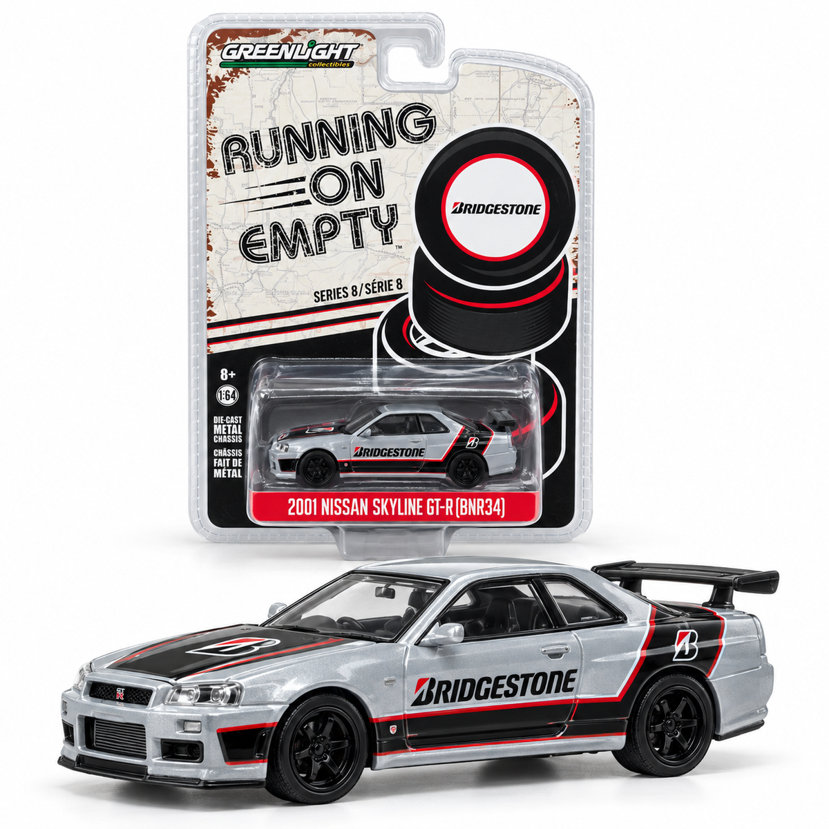 GreenLight Running on Empty Série 8 – Nissan Skyline GT-R (BNR34) 2001 Bridgestone 1:64