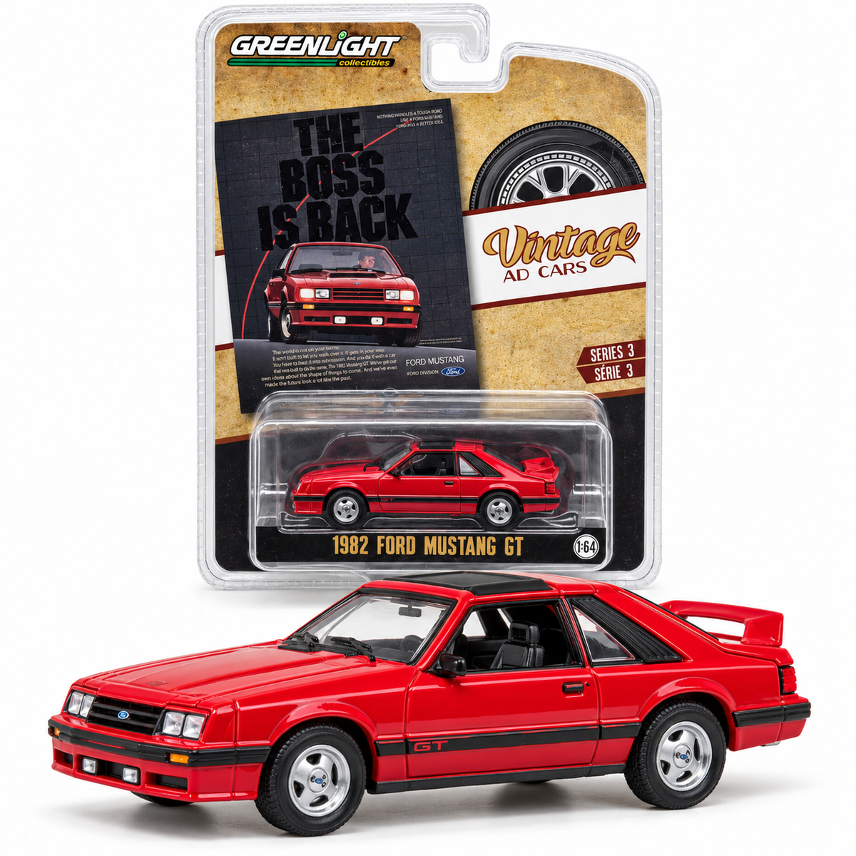 GreenLight Vintage Ad Cars Série 3 – Ford Mustang GT 1982 1:64