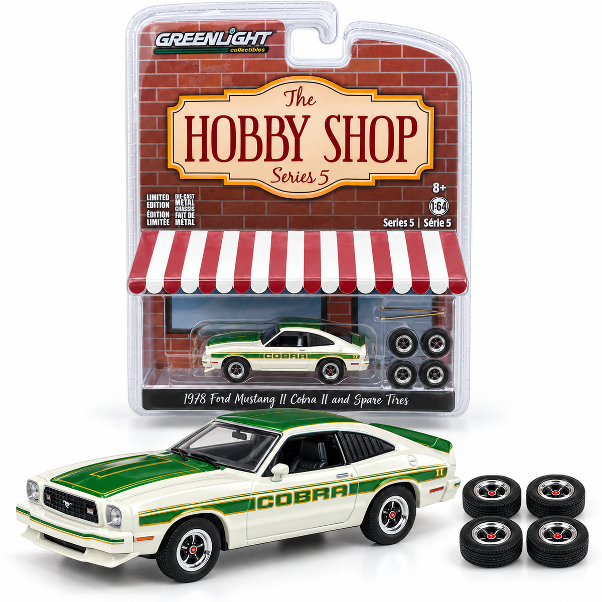 GreenLight The Hobby Shop Série 5 – Ford Mustang II Cobra II 1978 avec pneus de rechange 1:64