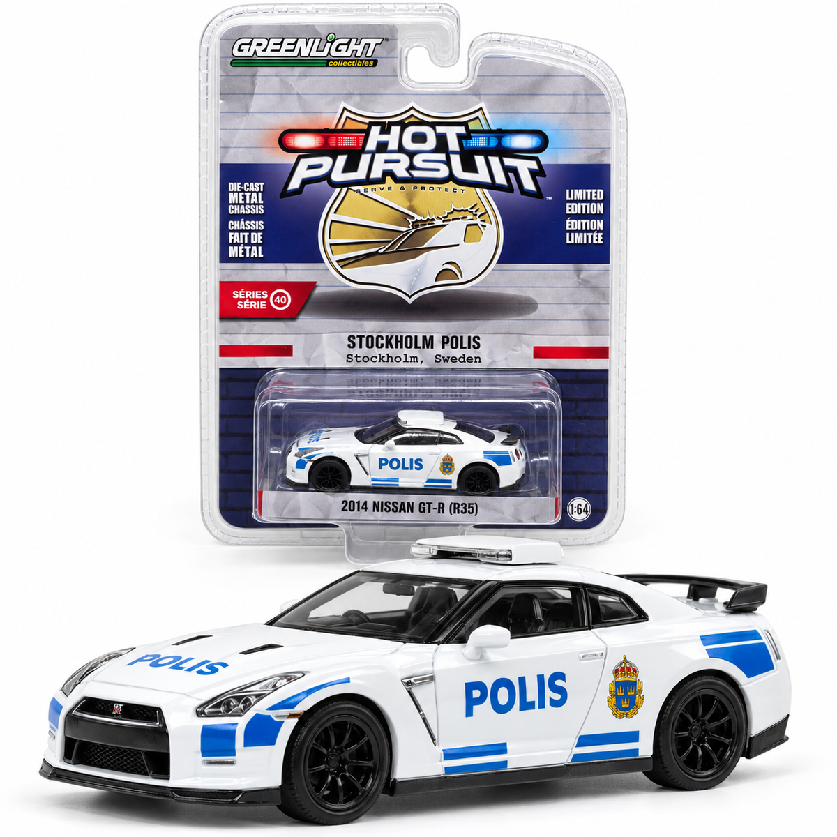 GreenLight Hot Pursuit Série 40 – Nissan GT-R (R35) 2014 Stockholm Polis 1:64