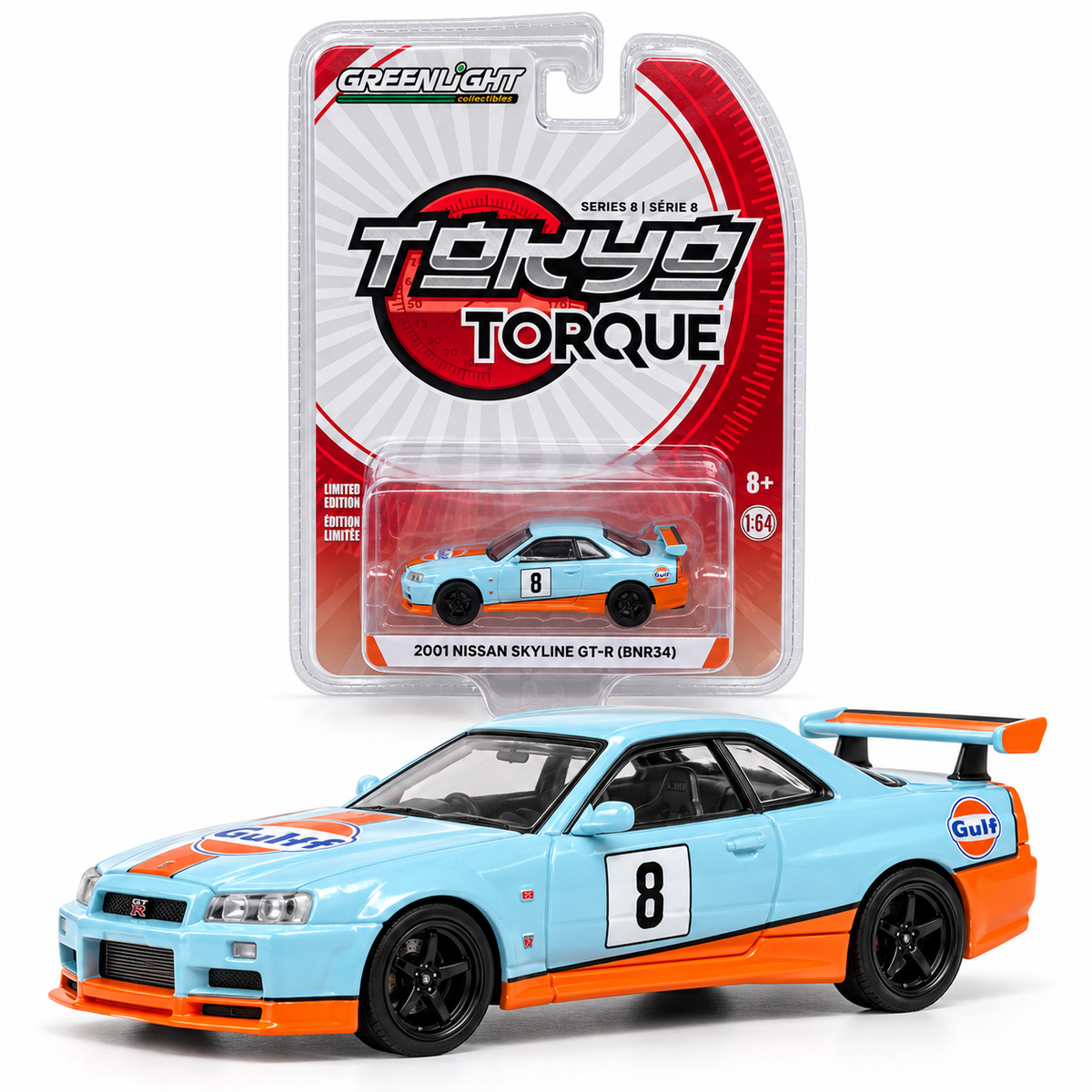 GreenLight Tokyo Torque Série 8 – Nissan Skyline GT-R (BNR34) 2001 Gulf #8 1:64