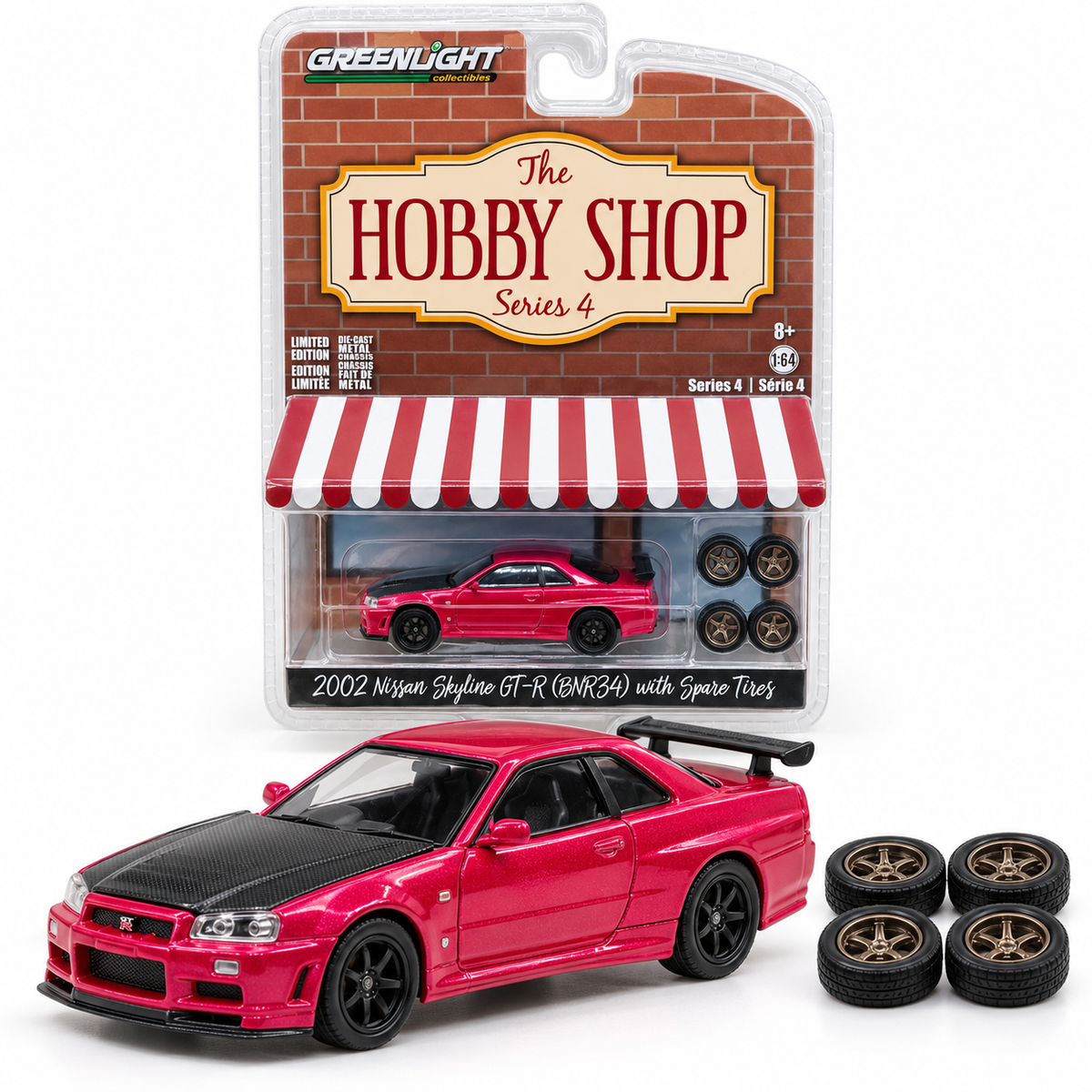 GreenLight The Hobby Shop Série 4 – Nissan Skyline GT-R (BNR34) 2002 avec pneus de rechange 1:64